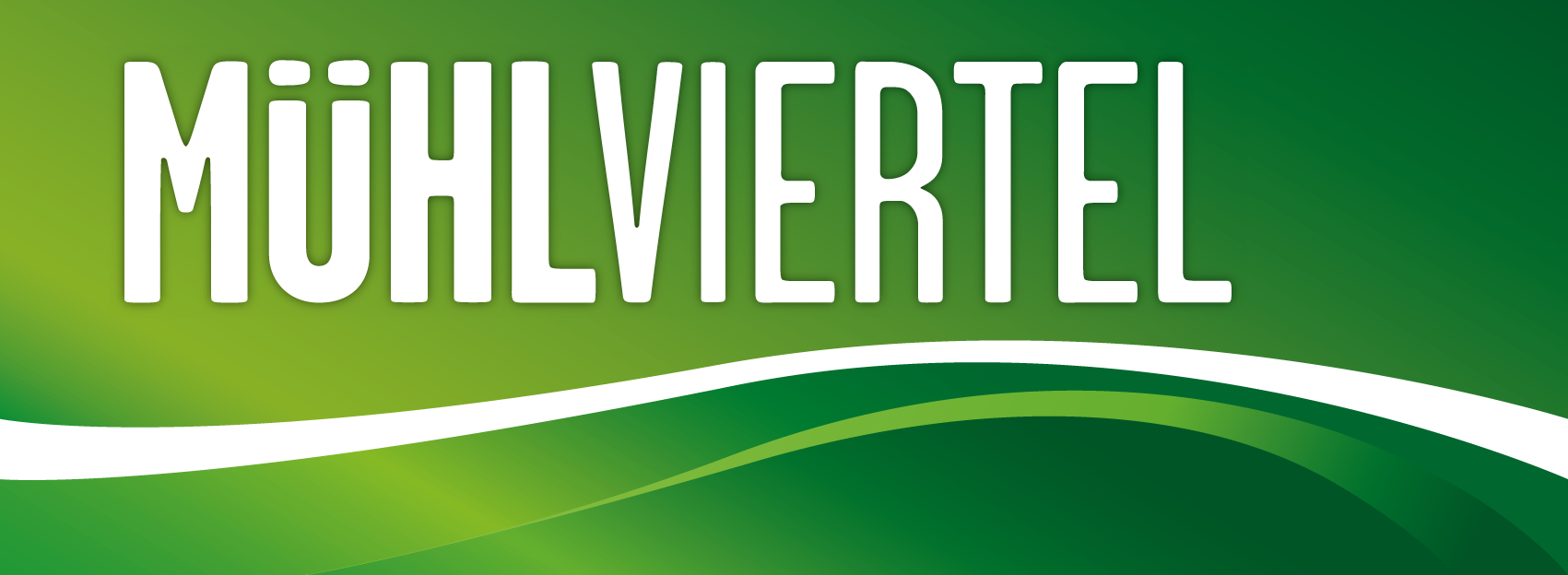 Das Logo zeigt das Wort 'Mühlviertel' in weißen Großbuchstaben auf einem grünen Hintergrund. Unter dem Schriftzug verlaufen ein weißer und ein grüner geschwungener Streifen.